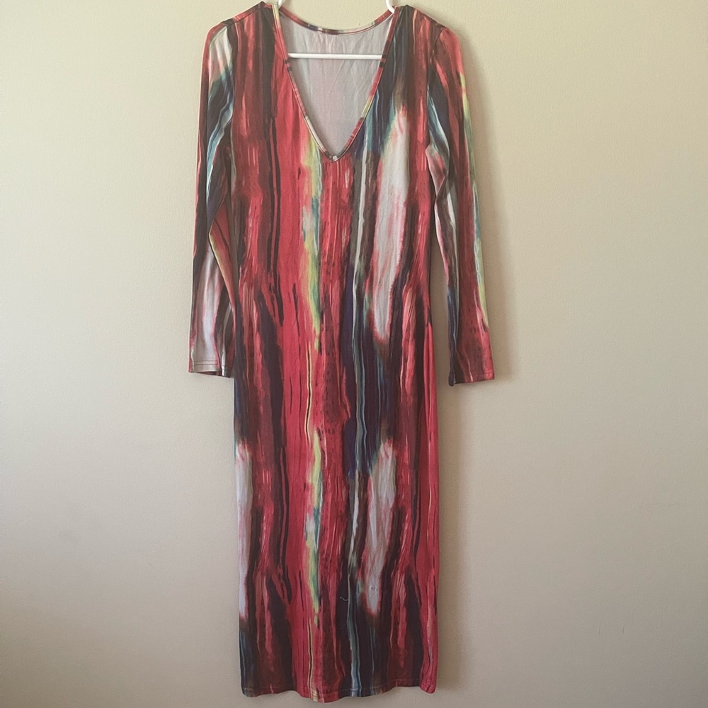 SHEIN Red and Blue Long Sleeve Dress